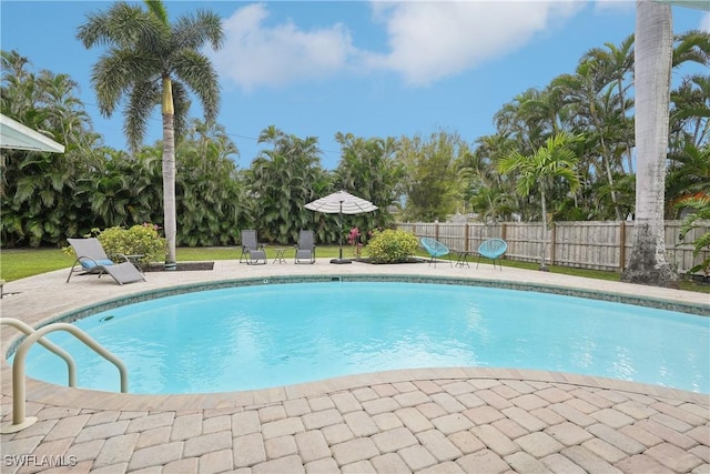 view of pool featuring a patio, fence, and a fenced in pool