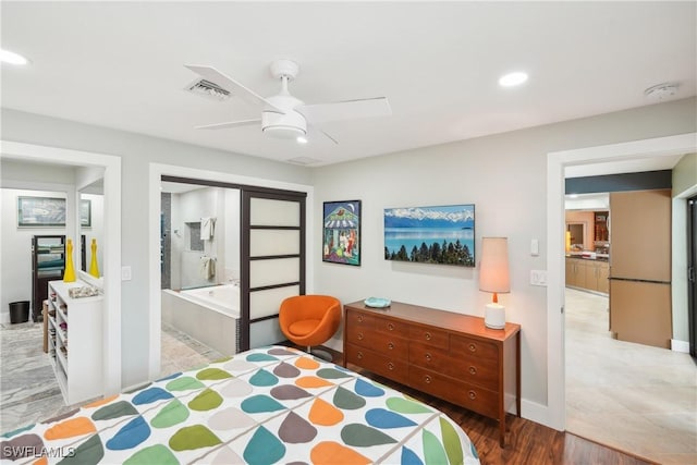 bedroom featuring recessed lighting, visible vents, ceiling fan, and wood finished floors