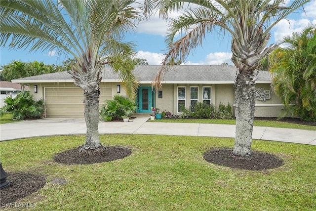 single story home featuring a garage, a shingled roof, driveway, stucco siding, and a front yard