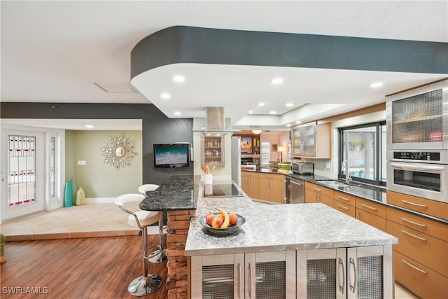 kitchen with recessed lighting, stainless steel appliances, a sink, island exhaust hood, and glass insert cabinets