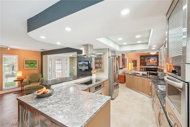 kitchen with open floor plan, a peninsula, appliances with stainless steel finishes, and extractor fan