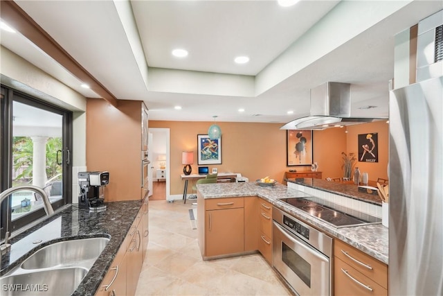 kitchen with a tray ceiling, stainless steel appliances, recessed lighting, a sink, and island range hood