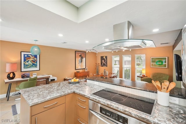 kitchen with wall oven, light stone counters, open floor plan, island exhaust hood, and black electric stovetop