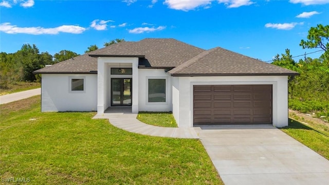 view of front of home featuring an attached garage, concrete driveway, roof with shingles, stucco siding, and a front lawn