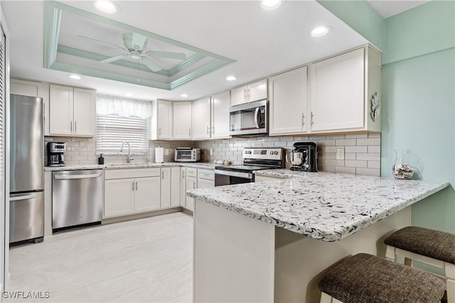 kitchen featuring light stone counters, a tray ceiling, stainless steel appliances, a sink, and a peninsula