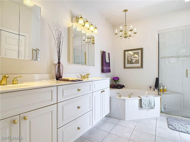 bathroom featuring a stall shower, a sink, tile patterned flooring, double vanity, and a bath