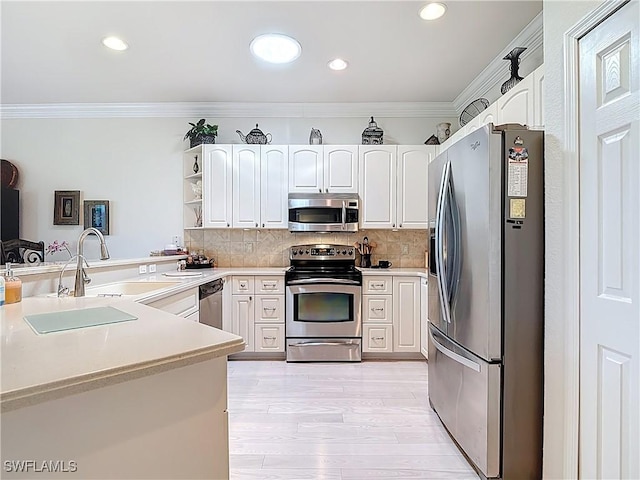 kitchen featuring decorative backsplash, open shelves, stainless steel appliances, and ornamental molding