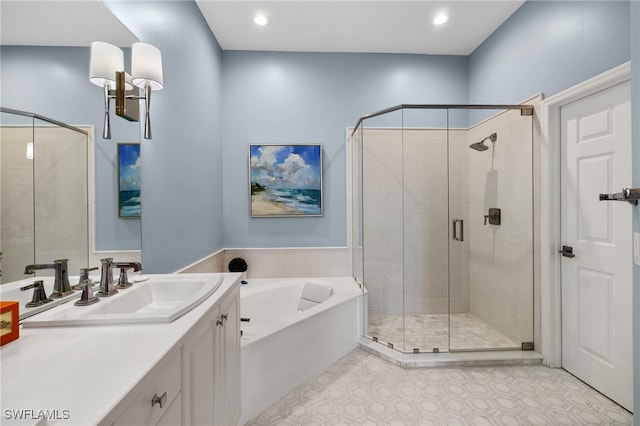 bathroom featuring a stall shower, tile patterned floors, vanity, a bath, and recessed lighting