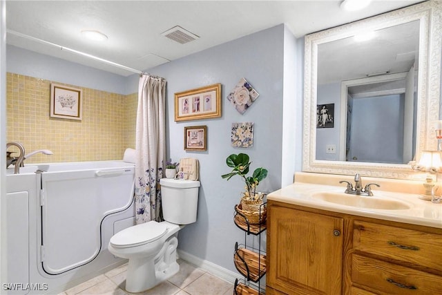 full bathroom with tile patterned floors, visible vents, toilet, vanity, and a bath