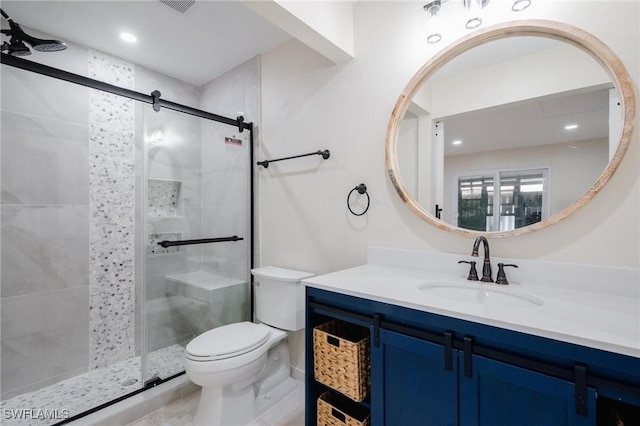 full bathroom featuring vanity, a shower stall, toilet, and recessed lighting