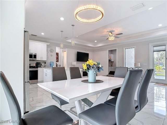 dining room with recessed lighting, visible vents, marble finish floor, and ornamental molding