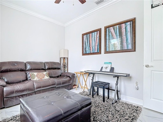 living area with visible vents, baseboards, ceiling fan, ornamental molding, and marble finish floor