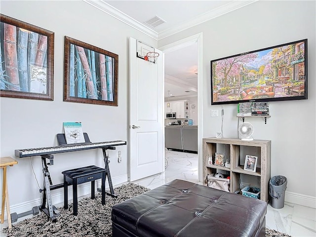 interior space featuring visible vents, baseboards, marble finish floor, crown molding, and independent washer and dryer