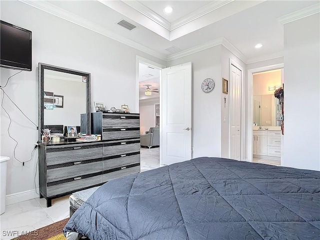 bedroom featuring recessed lighting, marble finish floor, crown molding, and connected bathroom