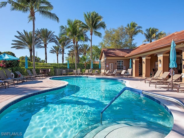 pool featuring a patio and fence