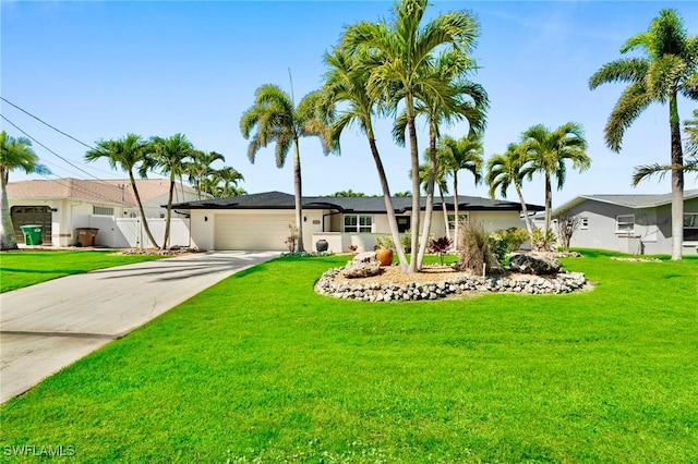 view of front facade with driveway, a garage, fence, and a front lawn