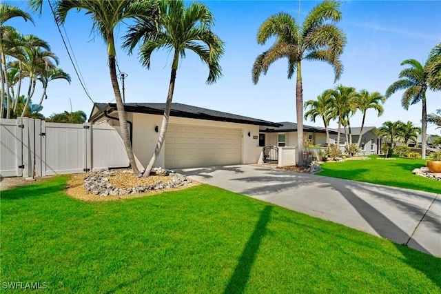 ranch-style home featuring stucco siding, concrete driveway, an attached garage, a front yard, and a gate