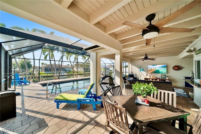 view of patio featuring ceiling fan, glass enclosure, an outdoor hangout area, an outdoor pool, and outdoor dining space