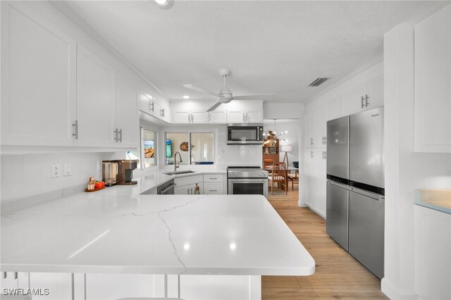 kitchen featuring stainless steel appliances, visible vents, white cabinetry, a sink, and a peninsula