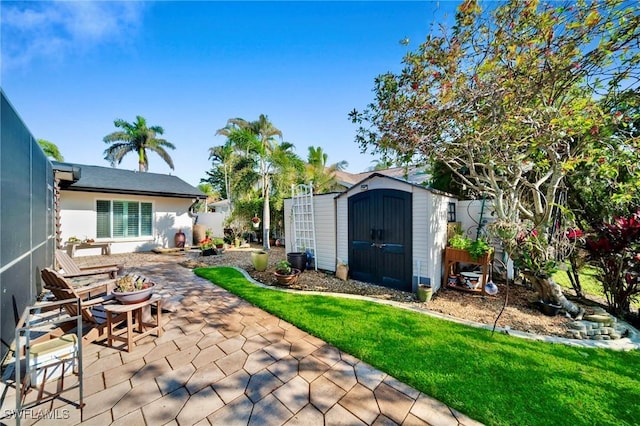 exterior space featuring a patio, a storage shed, fence private yard, a lanai, and an outdoor structure