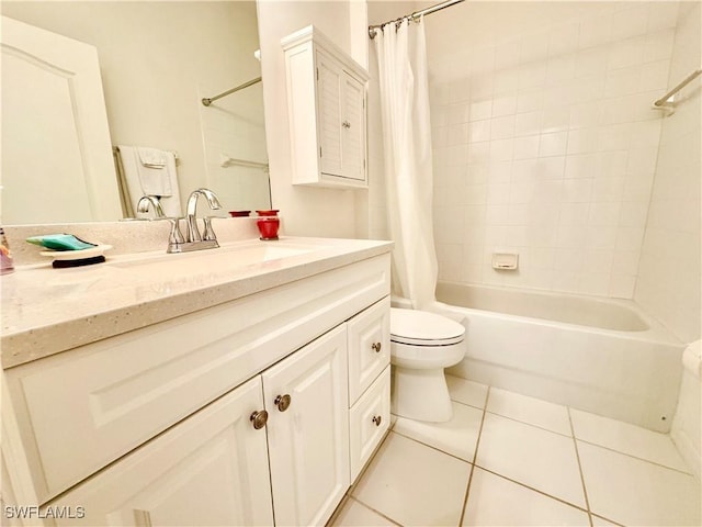 bathroom featuring vanity, shower / bath combination with curtain, tile patterned flooring, and toilet