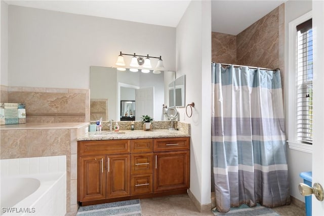 bathroom featuring curtained shower, vanity, a bath, and tile patterned floors