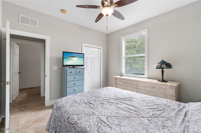 bedroom with a ceiling fan, a closet, visible vents, and baseboards