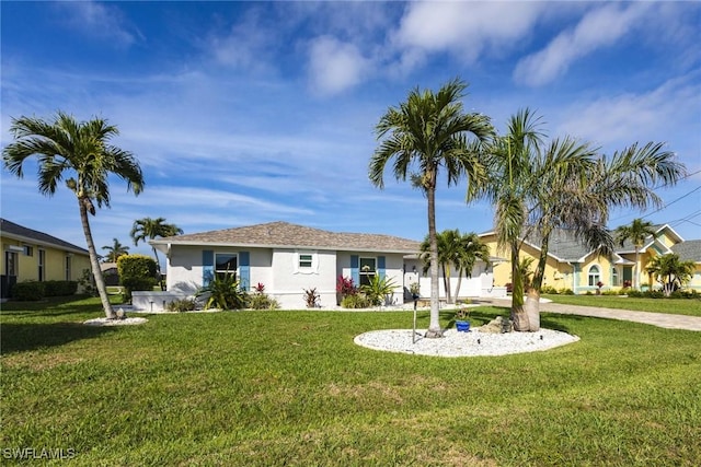 view of front facade with a front yard and stucco siding