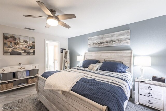 bedroom featuring visible vents, ceiling fan, and ensuite bathroom