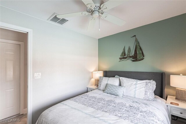 bedroom with a ceiling fan and visible vents