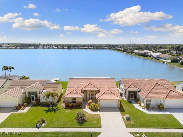 bird's eye view with a water view