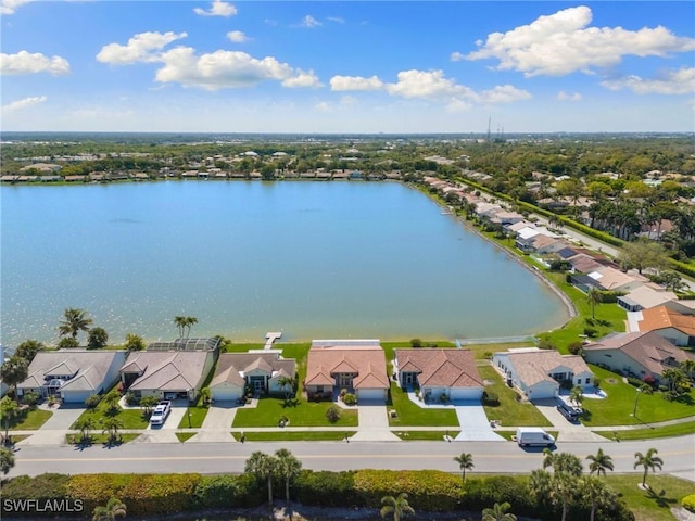 bird's eye view featuring a residential view and a water view