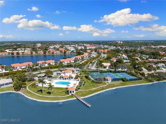 drone / aerial view featuring a water view