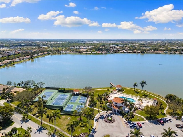 bird's eye view with a water view