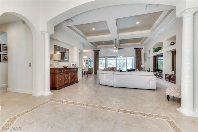 living area with ornate columns, recessed lighting, coffered ceiling, and baseboards