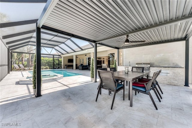 exterior space featuring outdoor dining area, a ceiling fan, a patio area, a grill, and a lanai