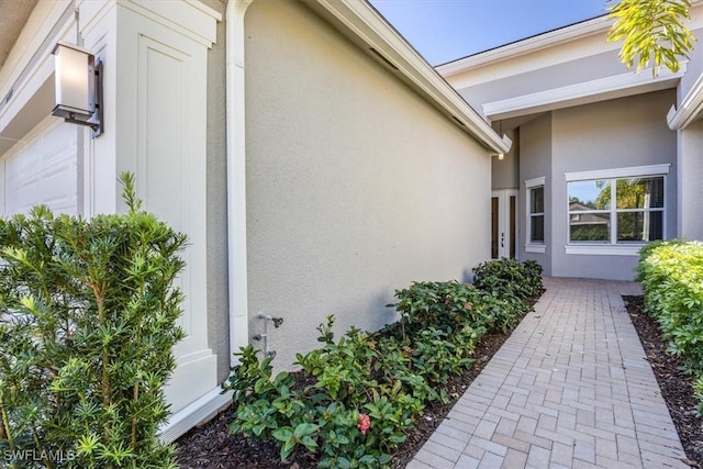 entrance to property with stucco siding