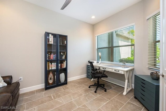 office area featuring recessed lighting and baseboards