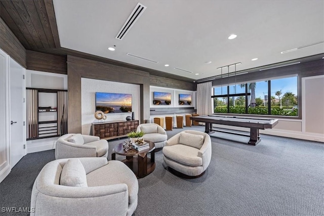 playroom featuring billiards, recessed lighting, visible vents, and carpet floors