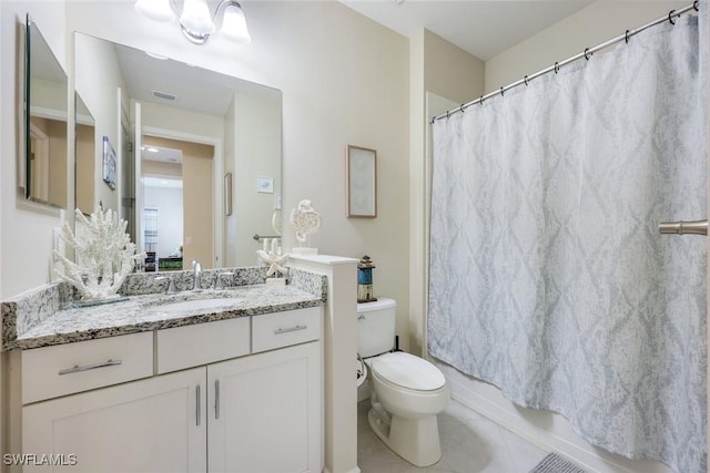 bathroom with shower / bath combination with curtain, visible vents, toilet, and vanity