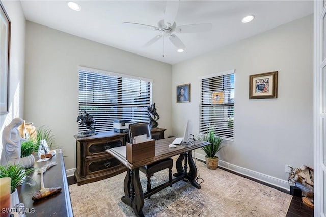 office with recessed lighting, wood finished floors, baseboards, and ceiling fan