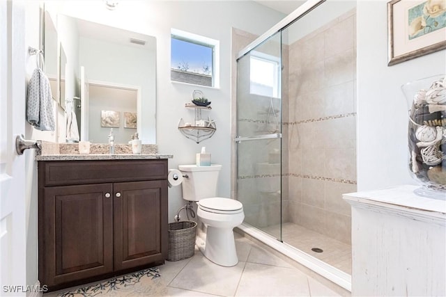 full bath with toilet, a stall shower, tile patterned floors, and vanity