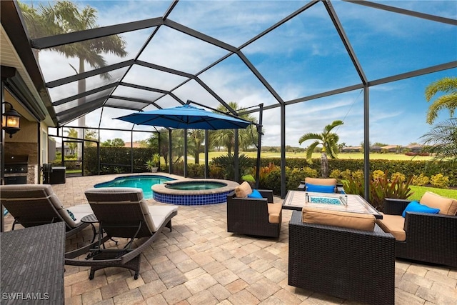 view of patio / terrace with an outdoor living space with a fire pit, a pool with connected hot tub, glass enclosure, and grilling area