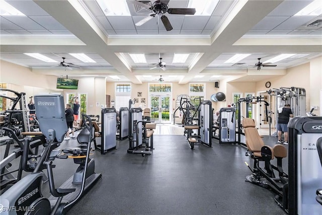 workout area featuring a paneled ceiling, ceiling fan, and coffered ceiling