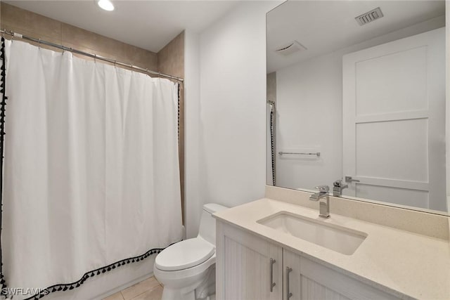 bathroom with tile patterned flooring, visible vents, toilet, a shower with shower curtain, and vanity