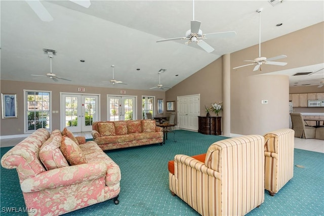 living room with carpet, french doors, visible vents, and high vaulted ceiling