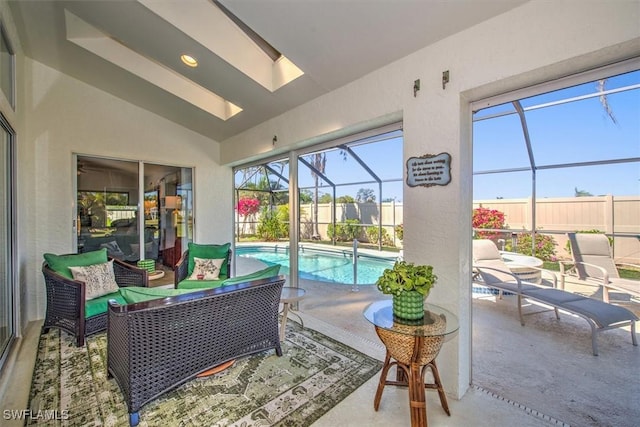 12488 Kelly Pine Ct, Fort Myers, FL 33908 - view of patio / terrace featuring outdoor lounge area, a lanai, fence, and a fenced in pool