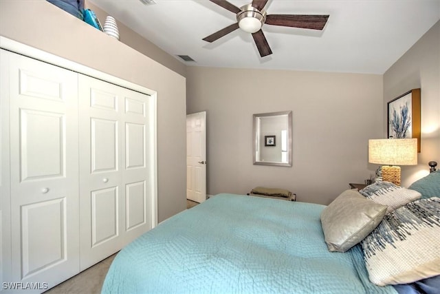 12488 Kelly Pine Ct, Fort Myers, FL 33908 - carpeted bedroom with visible vents, a closet, a ceiling fan, and vaulted ceiling