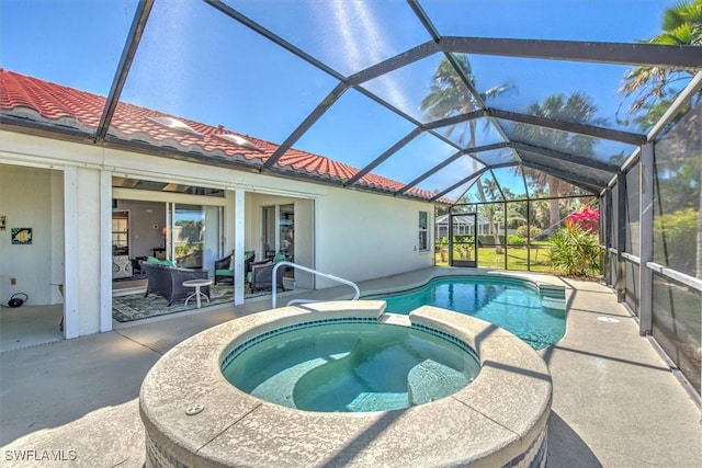 12488 Kelly Pine Ct, Fort Myers, FL 33908 - view of pool featuring outdoor lounge area, glass enclosure, a patio area, and a pool with connected hot tub