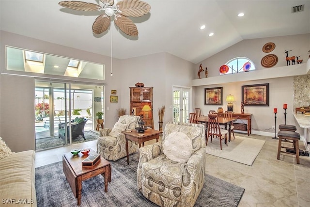 12488 Kelly Pine Ct, Fort Myers, FL 33908 - living room featuring a ceiling fan, visible vents, high vaulted ceiling, a skylight, and recessed lighting
